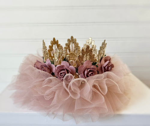 Gold Butterfly Crown with Mauve Tulle