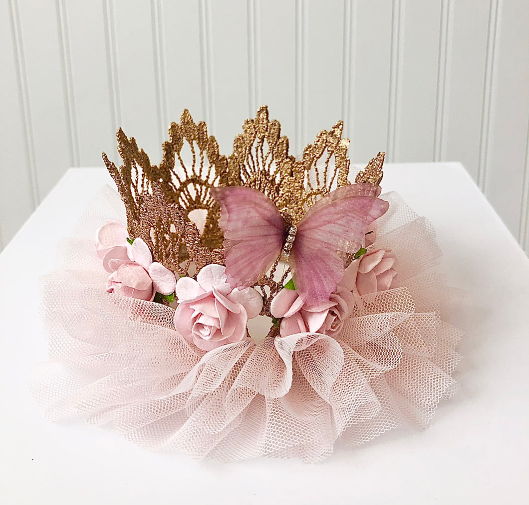 Gold Butterfly Crown with Blush Tulle