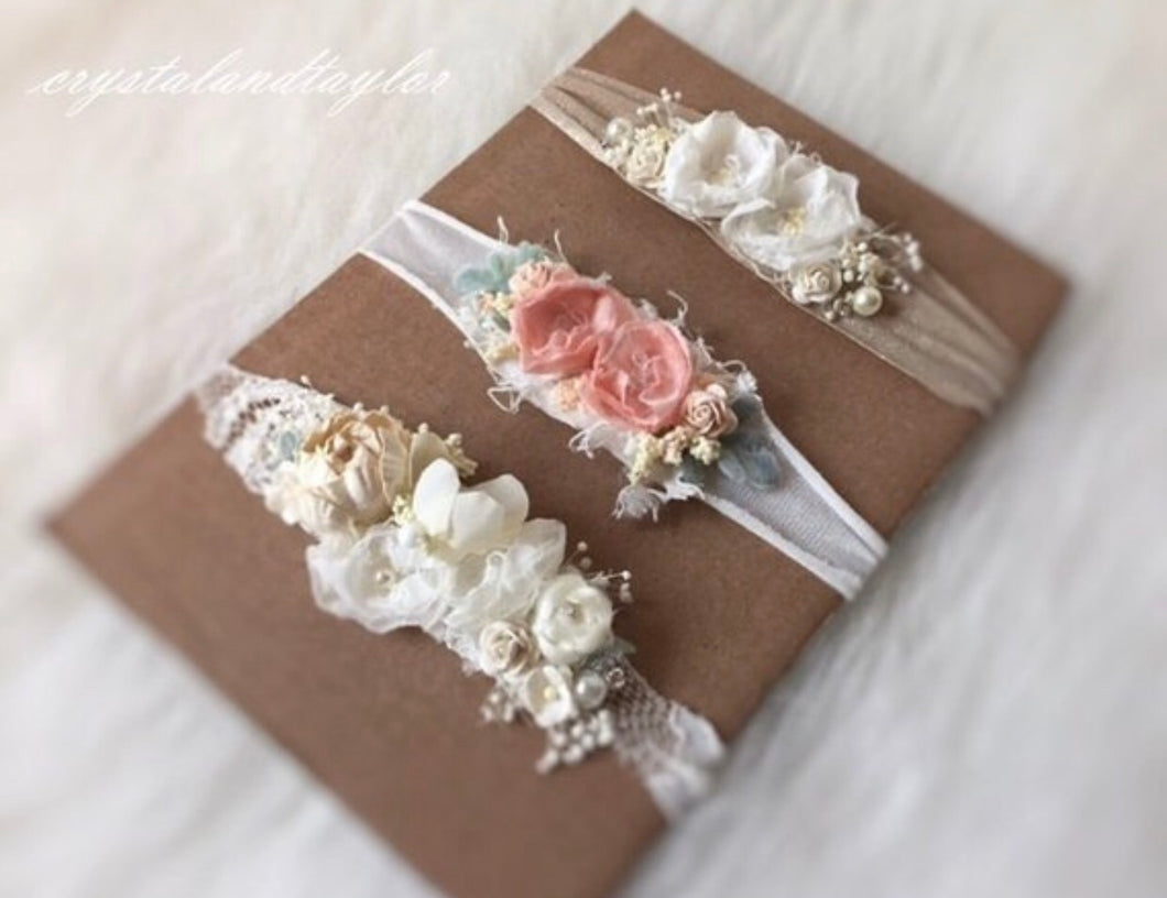 Set of Three Floral Tiebacks in Tan, Coral and Ivory